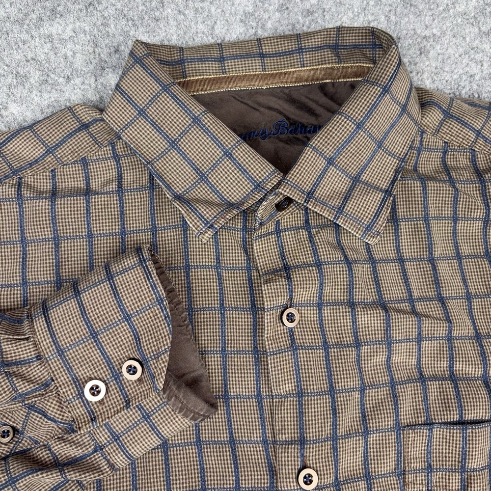 Tommy Bahama Button Front Shirt Mens Large 100% Silk Brown Plaid Large Causal